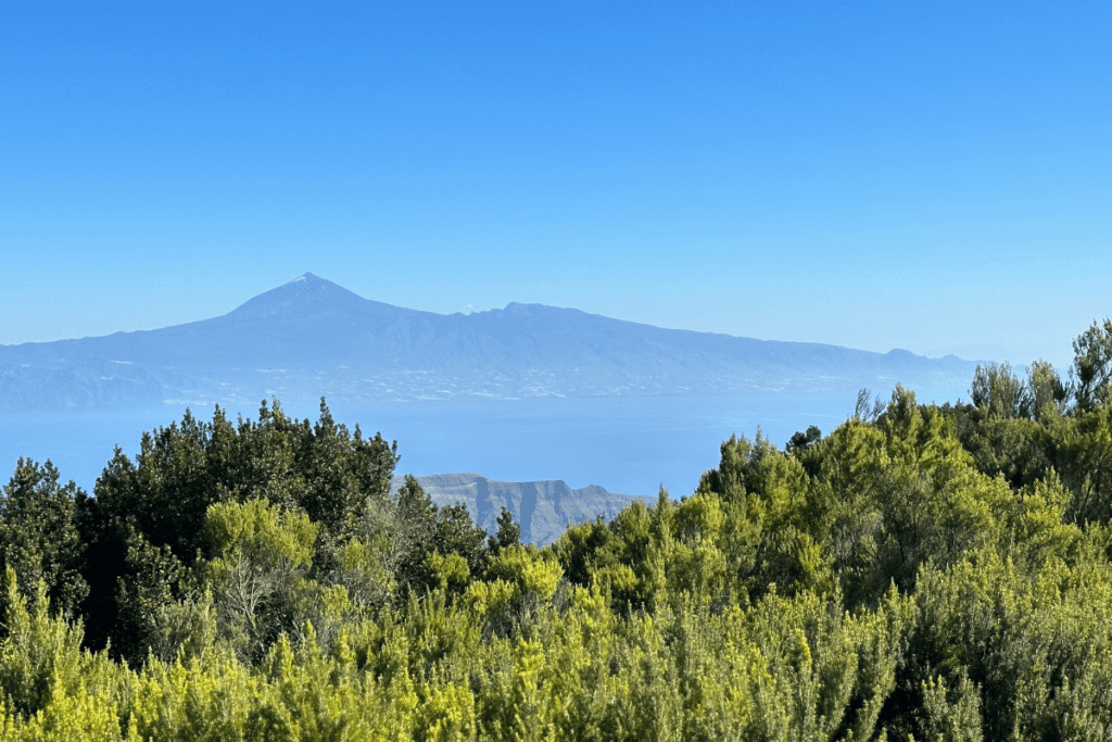 La Gomera Escursionismo all'Alto De Garajonay da El Contadero Isole Canarie Spagna Vista del Monte Teide dalla vetta