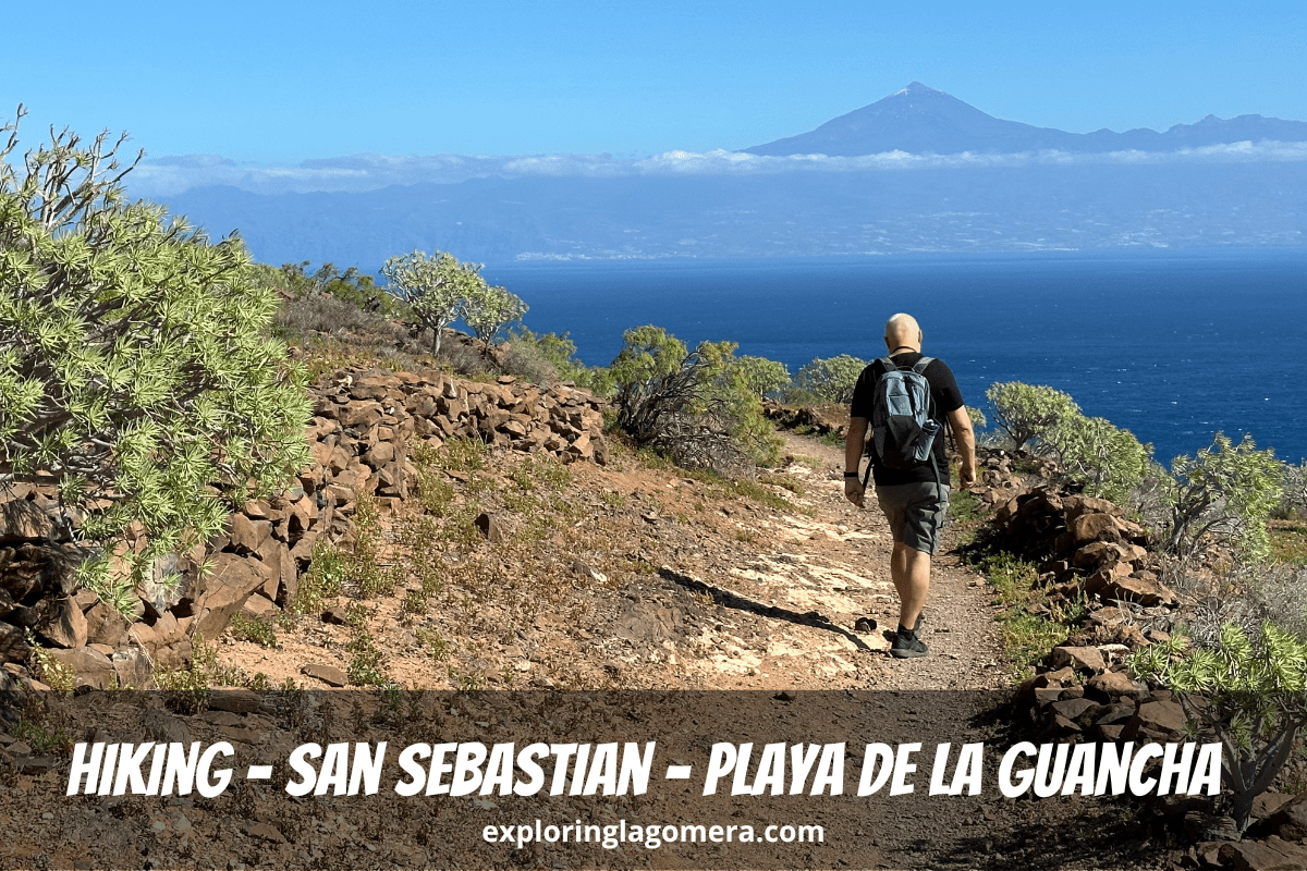 Paseo por la cima del acantilado con vistas al mar y al Teide de Tenerife de fondo La Gomera Senderismo a la Playa de La Guancha desde San Sebastián Islas Canarias España