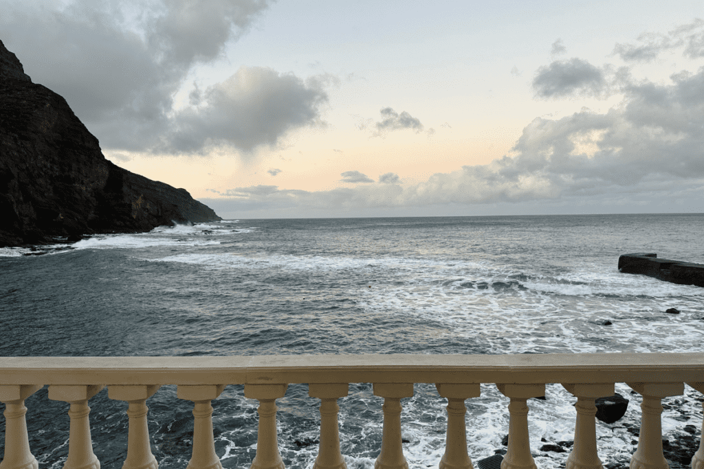 Apartment View At Playa De Alojera La Gomera Also Known As Alojera Beach Canary Islands Spain With Dramatic Waves On Black Rocks