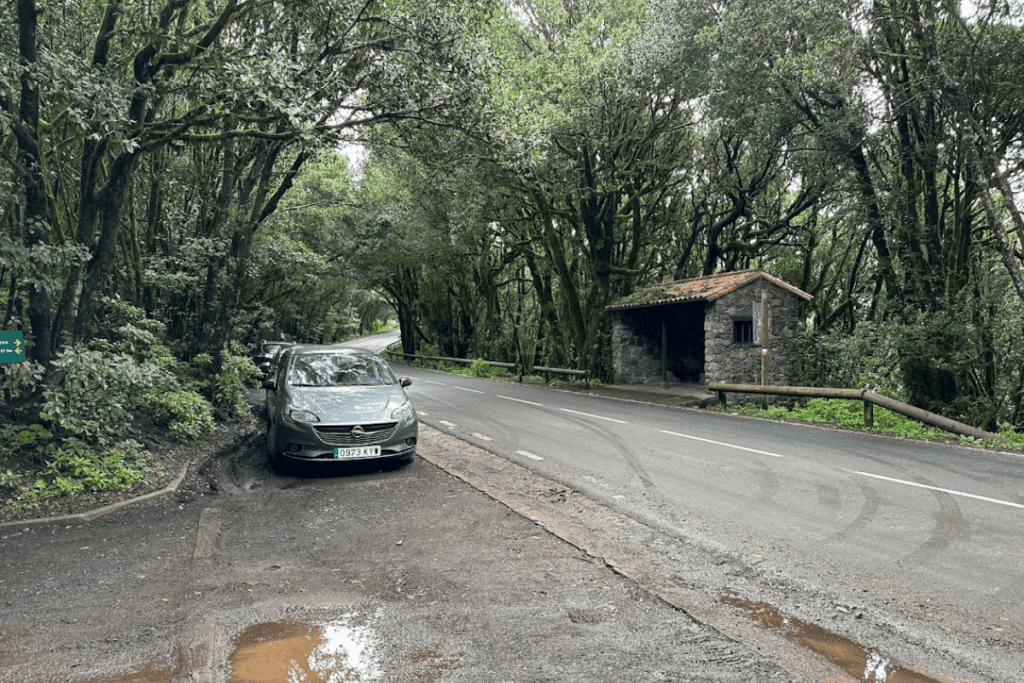 Straße mit Parkplatz und Bushaltestelle, Ausgangspunkt für Wanderungen in Las Creces, La Gomera, Kanarische Inseln, Spanien
